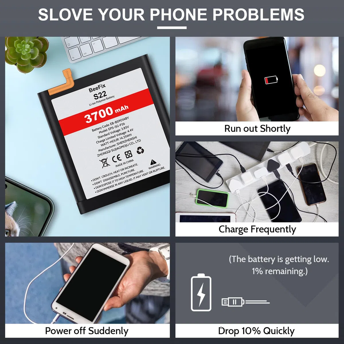 Batterie de rechange haute capacité pour Samsung Galaxy S22 SM-S901F, 3700 mAh, pour Galaxy S22 5G (EB-BS901ABY) avec outils de réparation professionnels