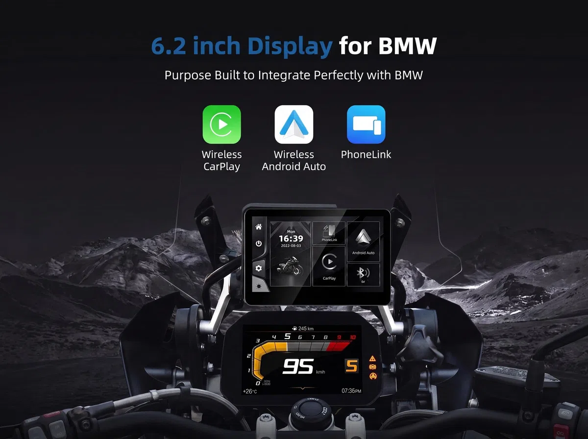 Écran de moto en aluminium de 15,7 cm pour BMW R1200GS R1250GS R1300GS F850GS F900, affichage automatique sans fil CarPlay et Android (sans support/pas de GPS autonome), compatible avec la