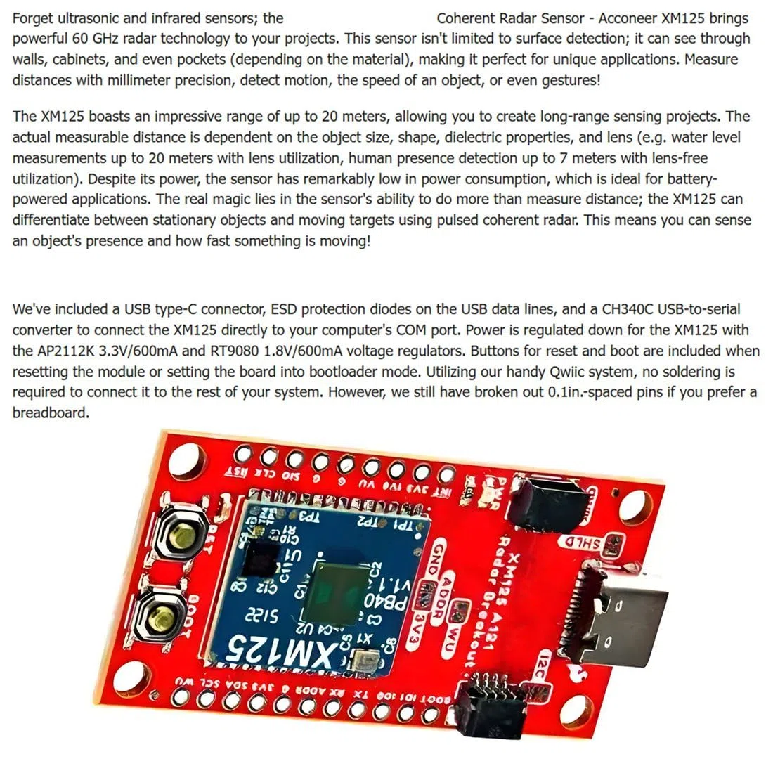 Capteur radar pulsé XM125 pour prototypage, test et évaluation
