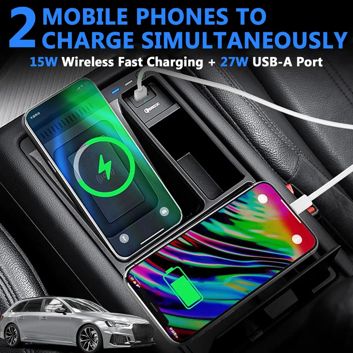 Chargeur sans Fil pour Voiture A4/S4/S5/RS4/A4L/A5/RS5 2017-2024, Accessoires de Console Centrale, Chargeur sans Fil 15 W et Chargeur Rapide USB 27 W.