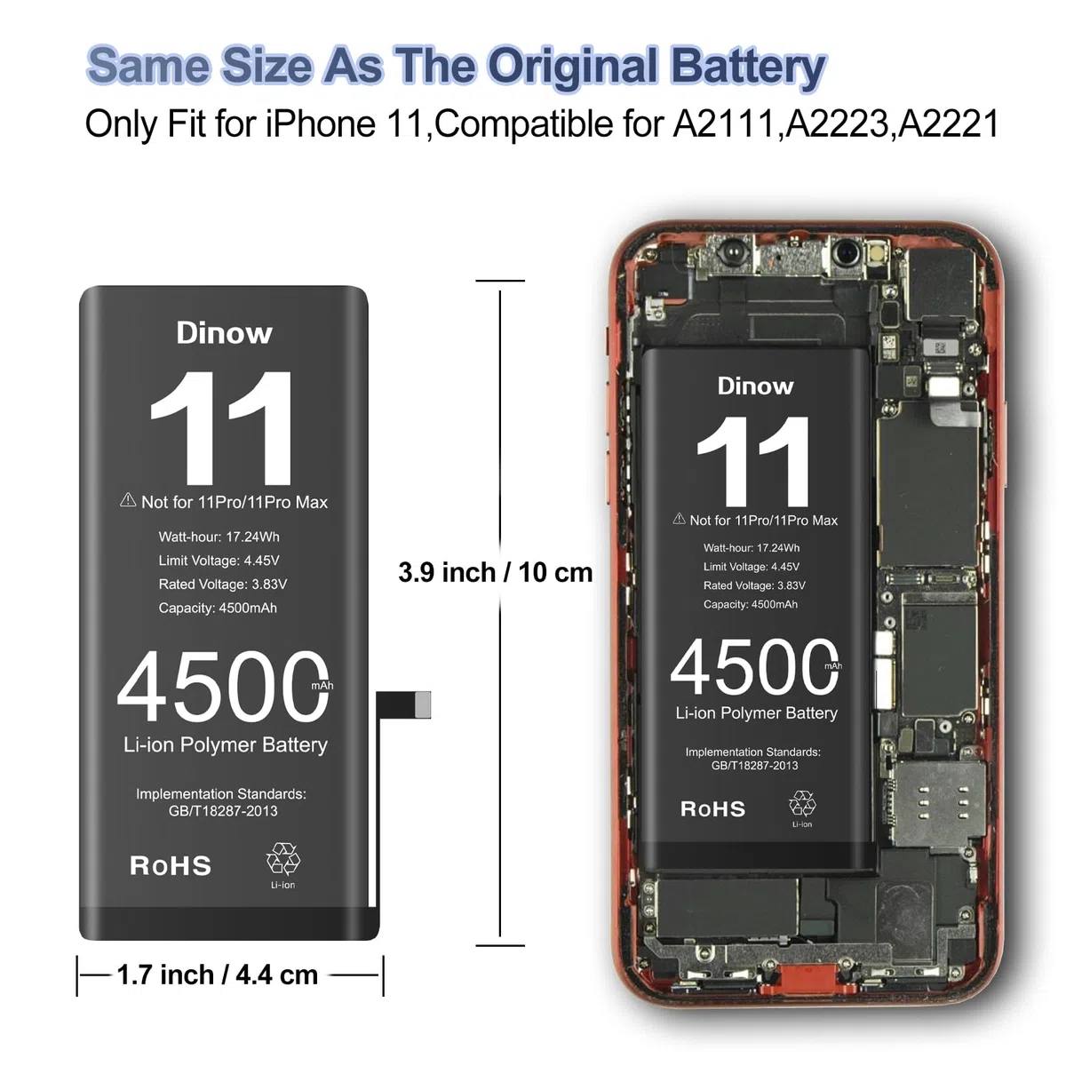 Batterie pour iPhone 11, 4500mAh Batterie de Remplacement Lithium Li-ION Haute Capacité, Batterie Interne pour iPhone 11 pour modèle A2111, A2221, A2223 avec Kit d'Outils de Remplacement