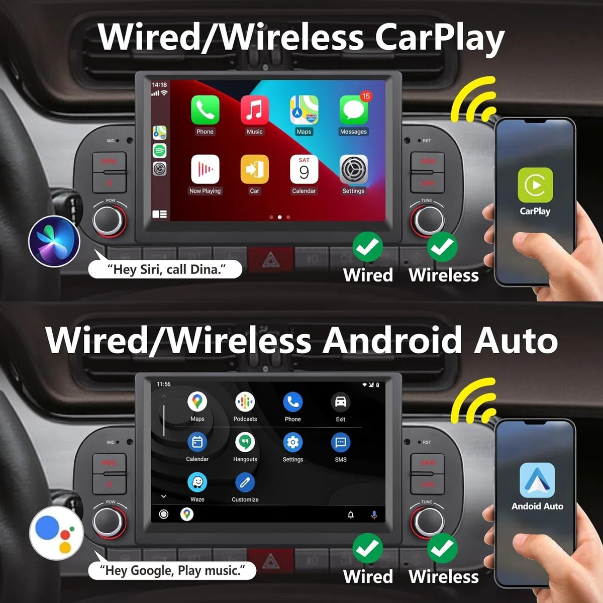 Autoradio Double DIN de Mise à Niveau pour Fiat Panda 2013-2020 avec CarPlay sans Fil d'Apple et Android Auto, Commande vocale, écran IPS/GPS/Bluetooth/FM/AM/USB/égaliseur/écran Tactile