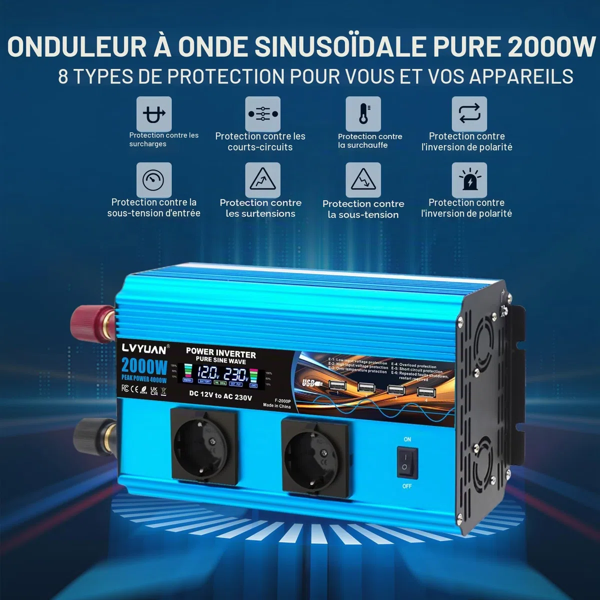 LVYUAN Convertisseur 12V 220V Pur Sinus 2000W/4000W Onduleur Transformateur de Tension avec écran LCD, 4 Ports USB, 2 Prises AC et télécommande Power Inverter
