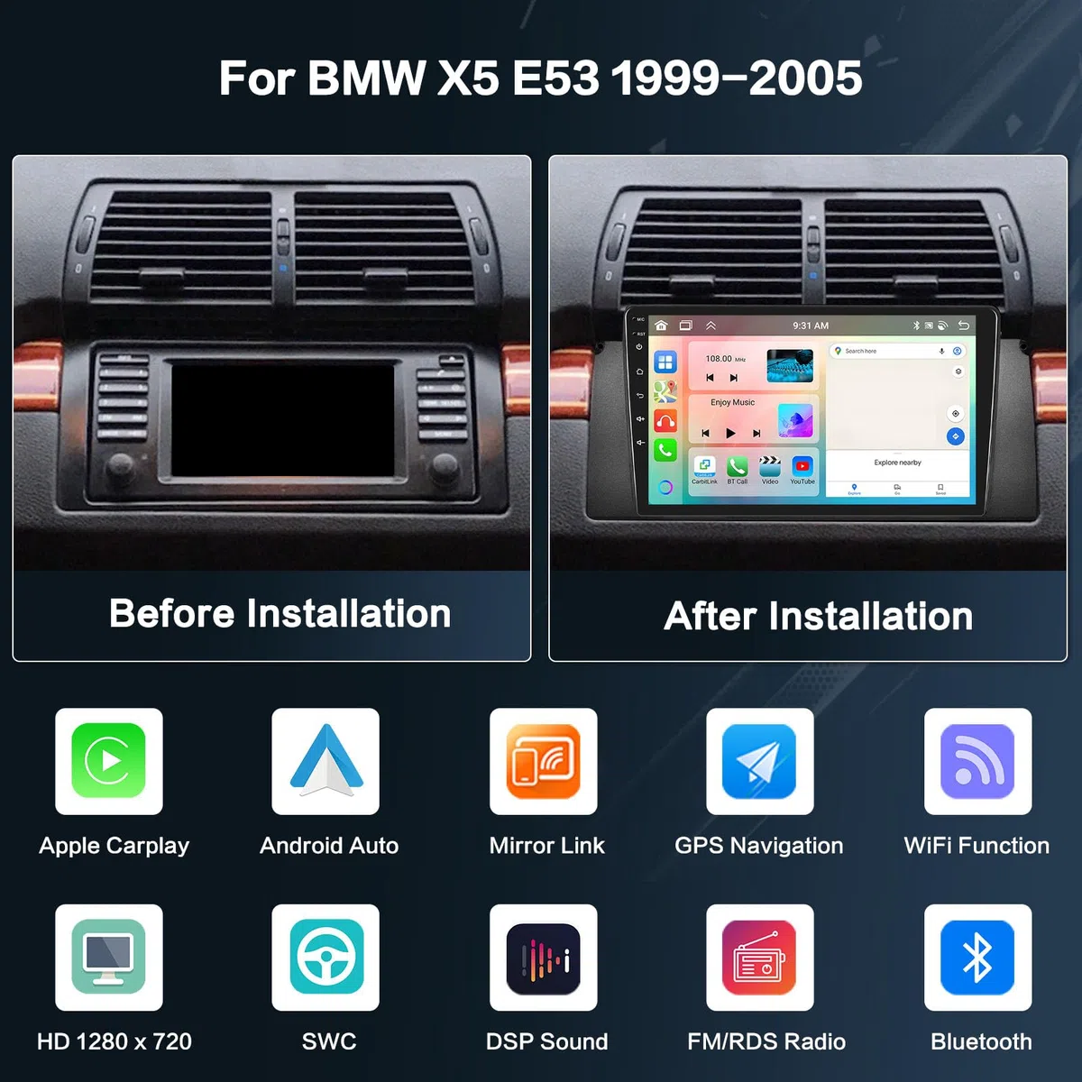 Inefala 4+64G 9'' Android 15 Radio pour BMW X5 E53 1999