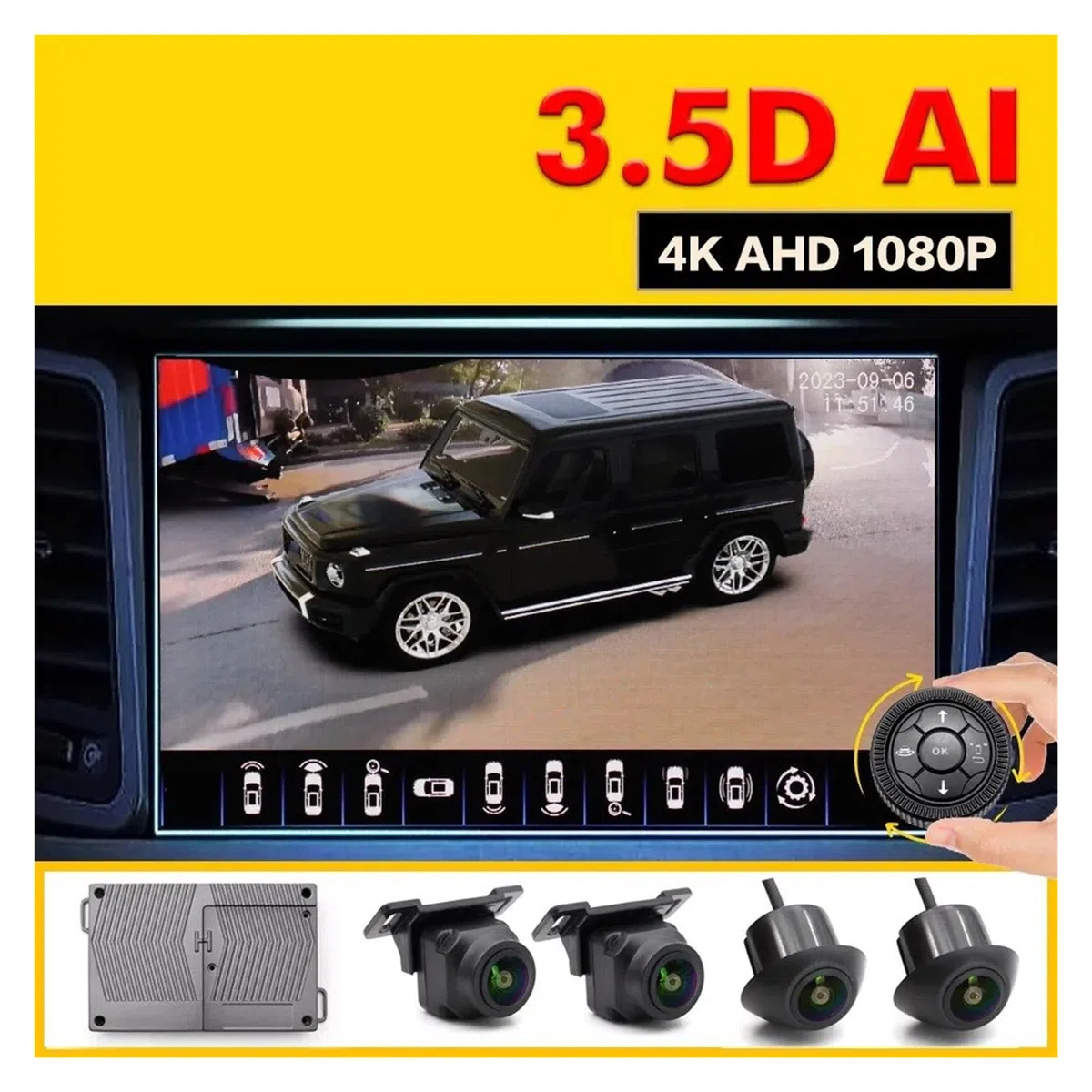 Kit Caméra Recul Caméra Surround View 3.5D AI 360 Degrés AHD 1080P, Vue Arrière/Avant/Gauche/Droite, Enregistreur DConduite 4CH, Système Vision D'oiseau(32G)