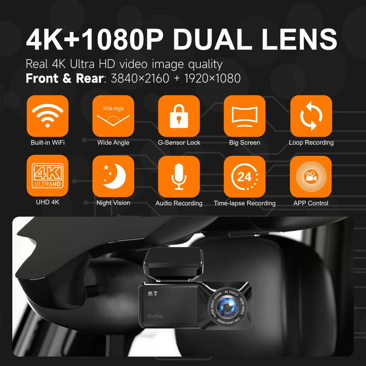 Caméra de sécurité pour véhicule avec objectif 4K 1080p et carte mémoire 32/64 Go pour caméra embarquée avant et arrière