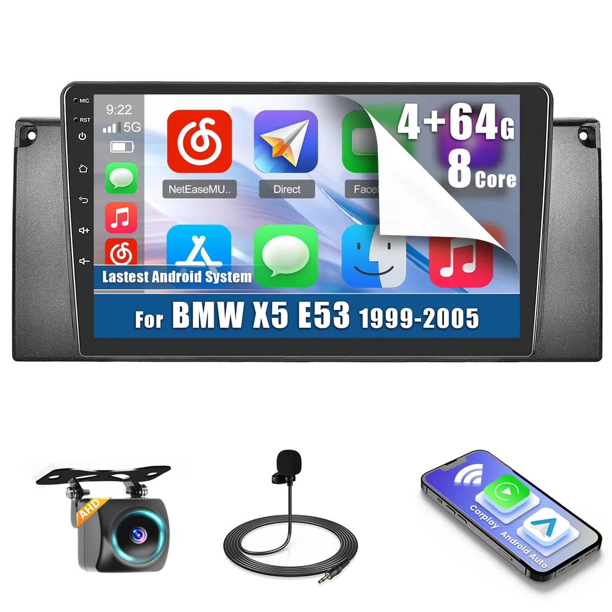 Inefala 4+64G 9'' Android 15 Radio pour BMW X5 E53 1999