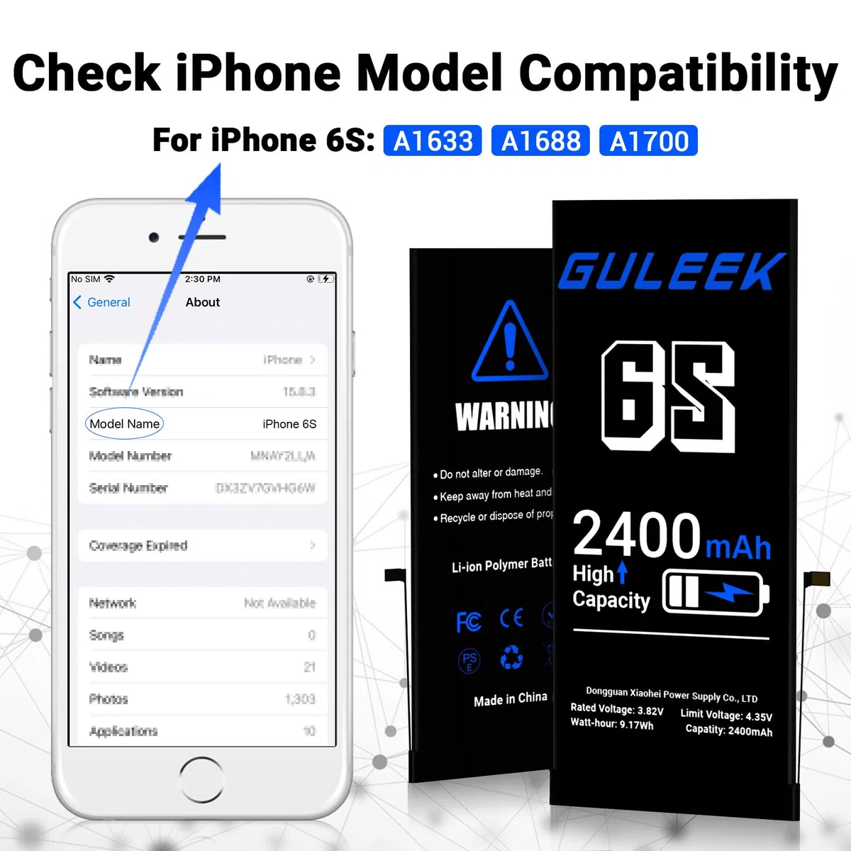 Batterie pour iPhone 6S, 2400mAh Haute Capacité Réelle, Kit Remplacement Complet avec Outils et Guide