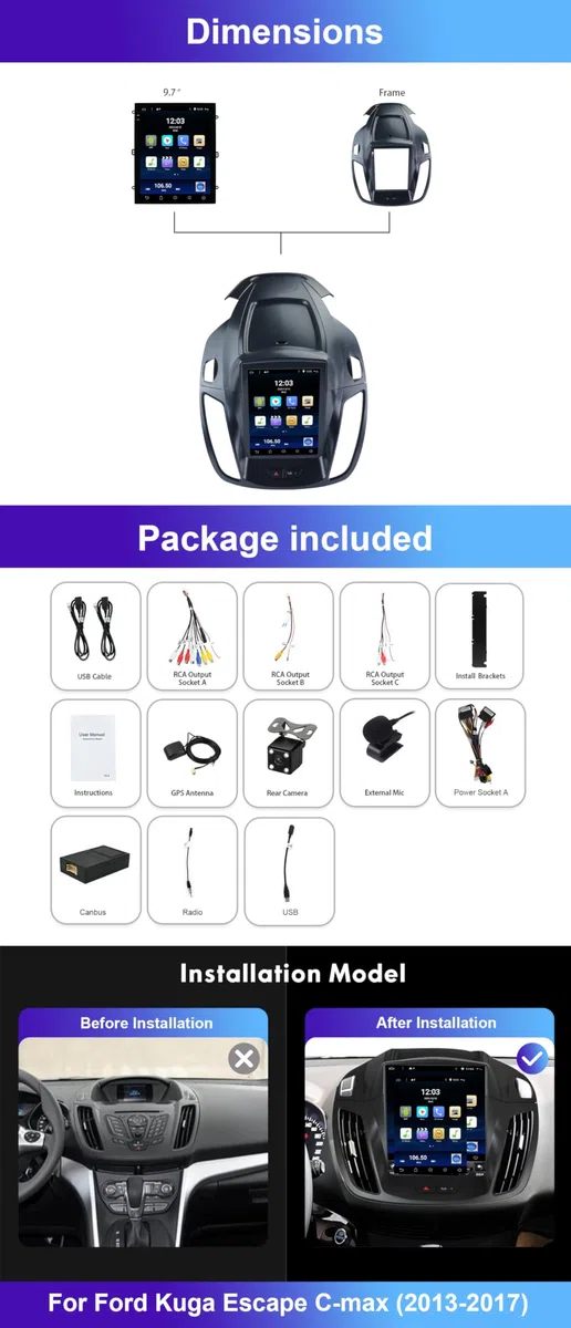 (6GB+128GB) Autoradio 9.7" IPS Android 15 pour Ford Kuga Escape C-Max (2013-2017) GPS Caméra+MIC 2 DIN DSP/Commande au Volant/WiFi/Bluetooth/Mirrorlink/RDS/USB Soutien Dab