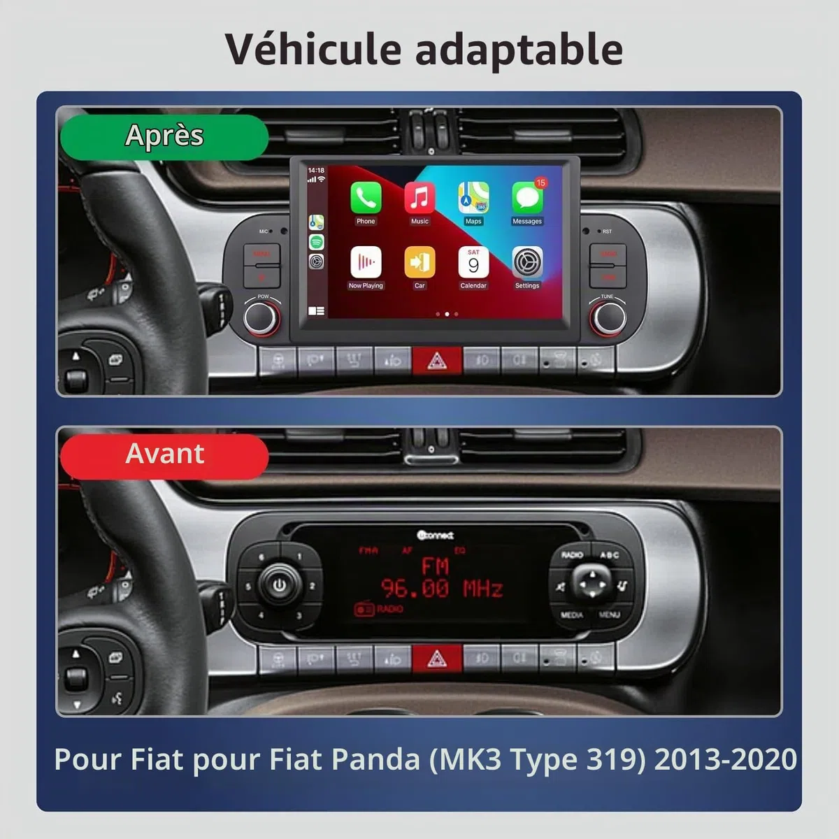 Autoradio Double DIN de Mise à Niveau pour Fiat Panda 2013-2020 avec CarPlay sans Fil d'Apple et Android Auto, Commande vocale, écran IPS/GPS/Bluetooth/FM/AM/USB/égaliseur/écran Tactile