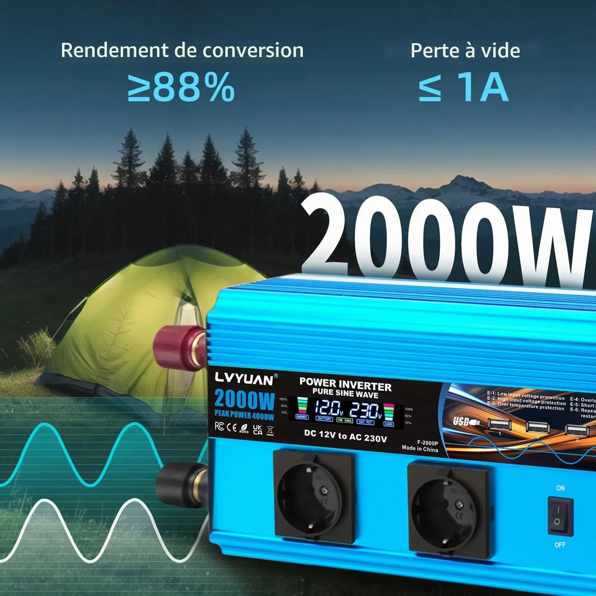 LVYUAN Convertisseur 12V 220V Pur Sinus 2000W/4000W Onduleur Transformateur de Tension avec écran LCD, 4 Ports USB, 2 Prises AC et télécommande Power Inverter