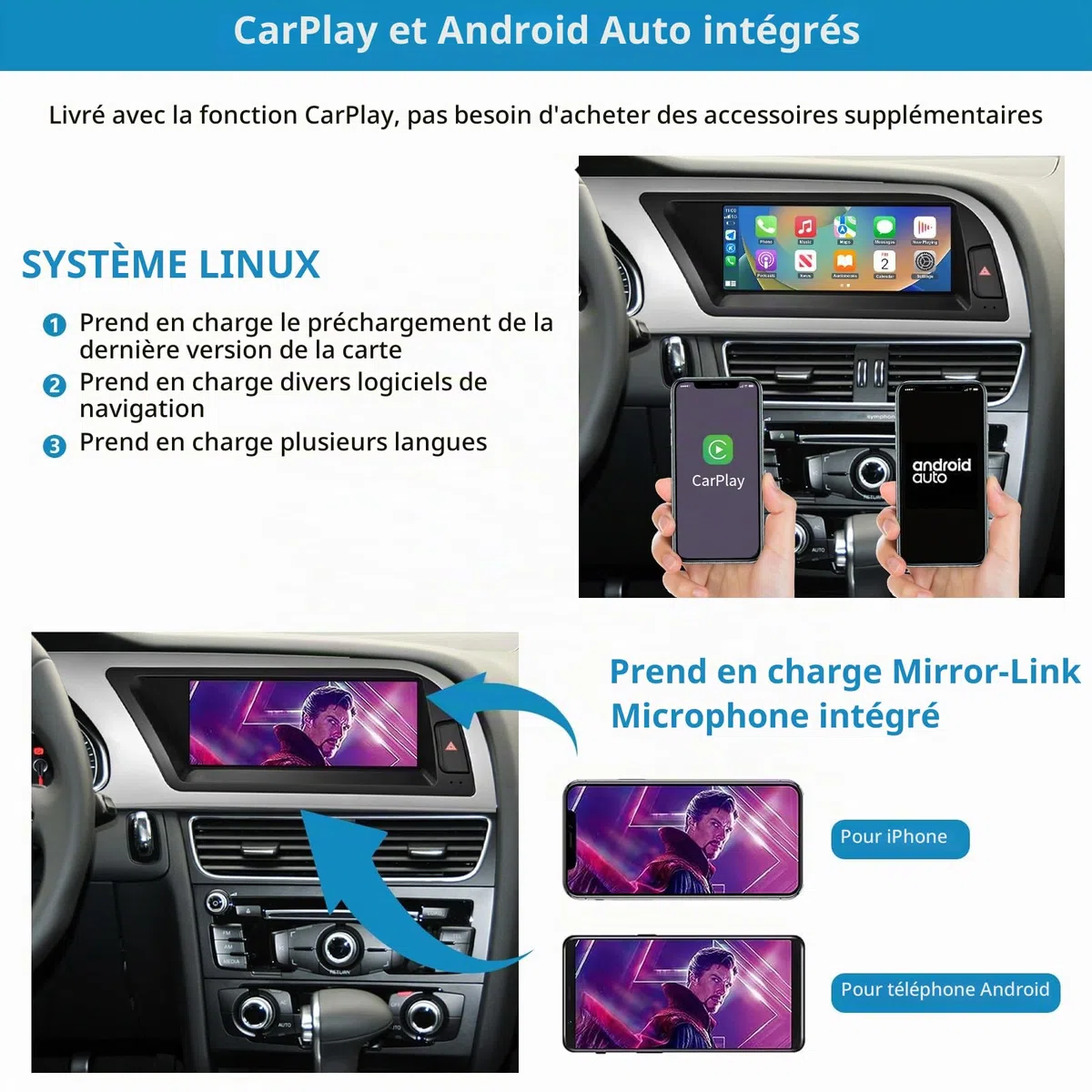 Autoradio écran Tactile 8,9" avec Carplay sans Fil et Android Auto pour 2009-2016 Audi A4 S4 avec système MMI 2G, Prend en Charge Mirrorlink, caméra, Navigation