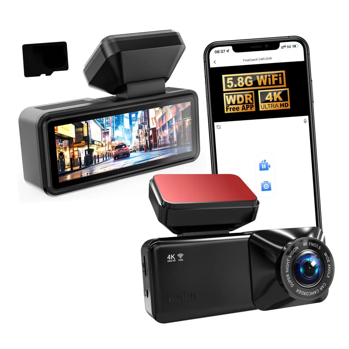 Caméra de sécurité pour véhicule avec objectif 4K 1080p et carte mémoire 32/64 Go pour caméra embarquée avant et arrière