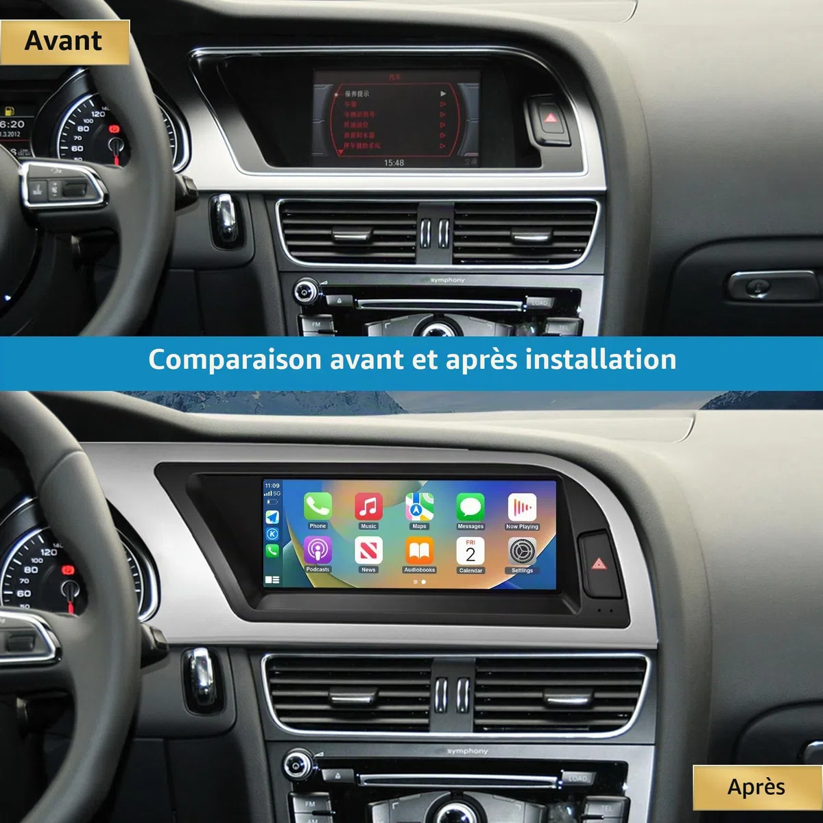 Autoradio écran Tactile 8,9" avec Carplay sans Fil et Android Auto pour 2009-2016 Audi A4 S4 avec système MMI 2G, Prend en Charge Mirrorlink, caméra, Navigation