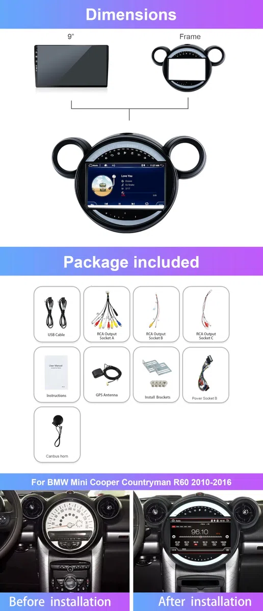 Autoradio pour BMW Mini Cooper Countryman R60 2010-2016 Autoradio Android 16 GPS Navigation avec Commande au Volant BT 5.0 Lien Miroir GPS WiFi CarPlay