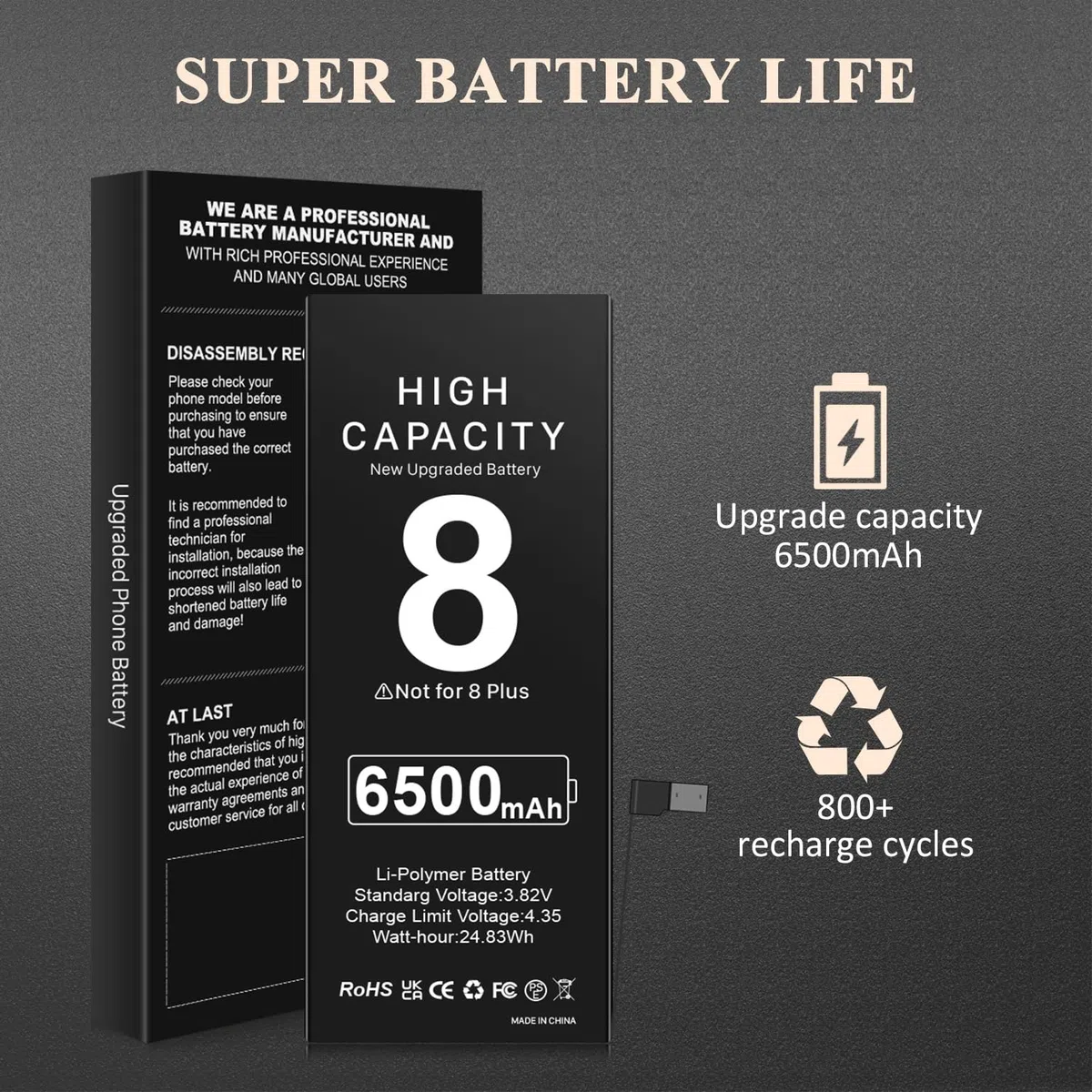 [6500mAh] Batterie pour iPhone 8, Batterie de Remplacement Haute capacité pour iPhone 8 A1863, A1905, A1906 avec kit d'outils de réparation