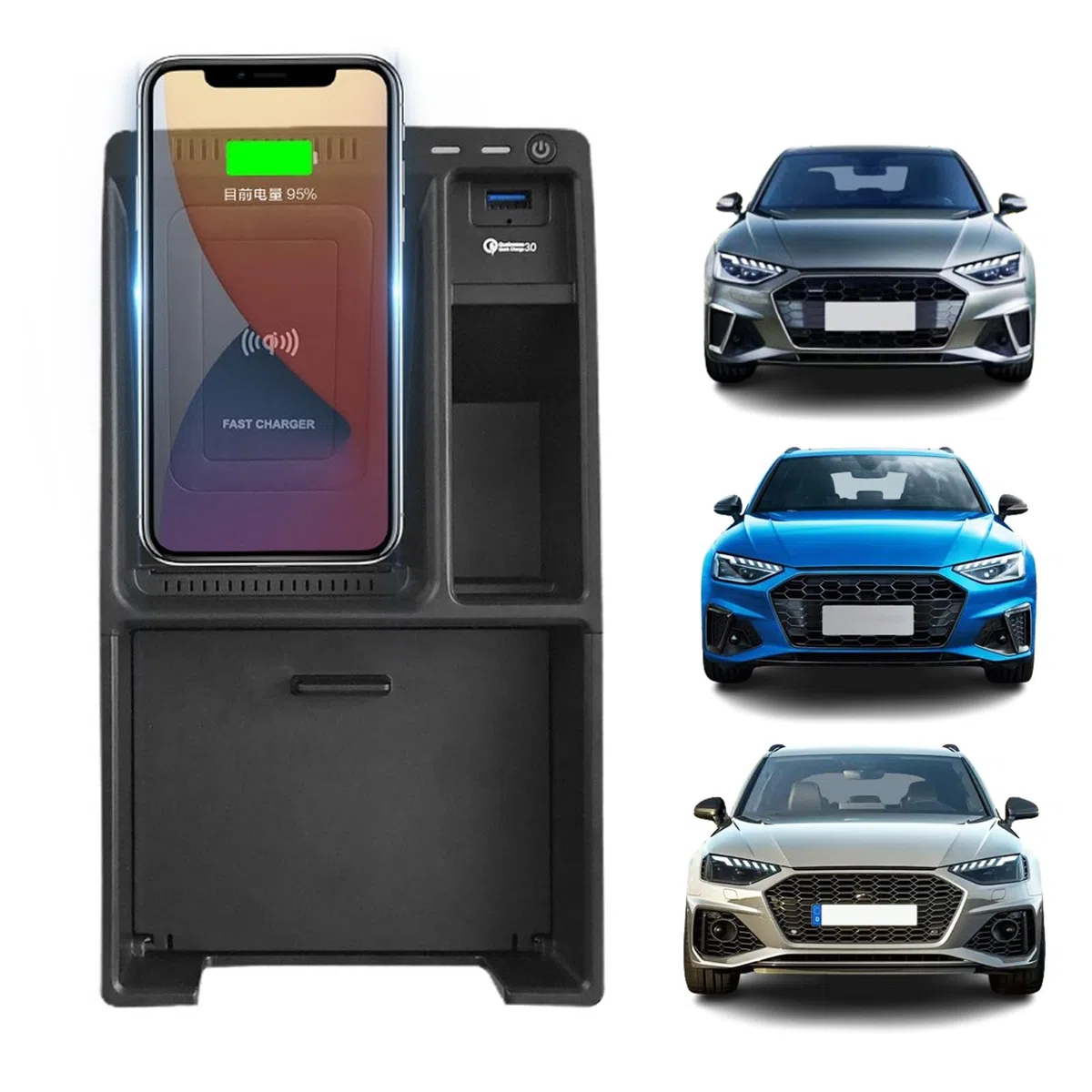 Chargeur sans Fil pour Voiture A4/S4/S5/RS4/A4L/A5/RS5 2017-2024, Accessoires de Console Centrale, Chargeur sans Fil 15 W et Chargeur Rapide USB 27 W.