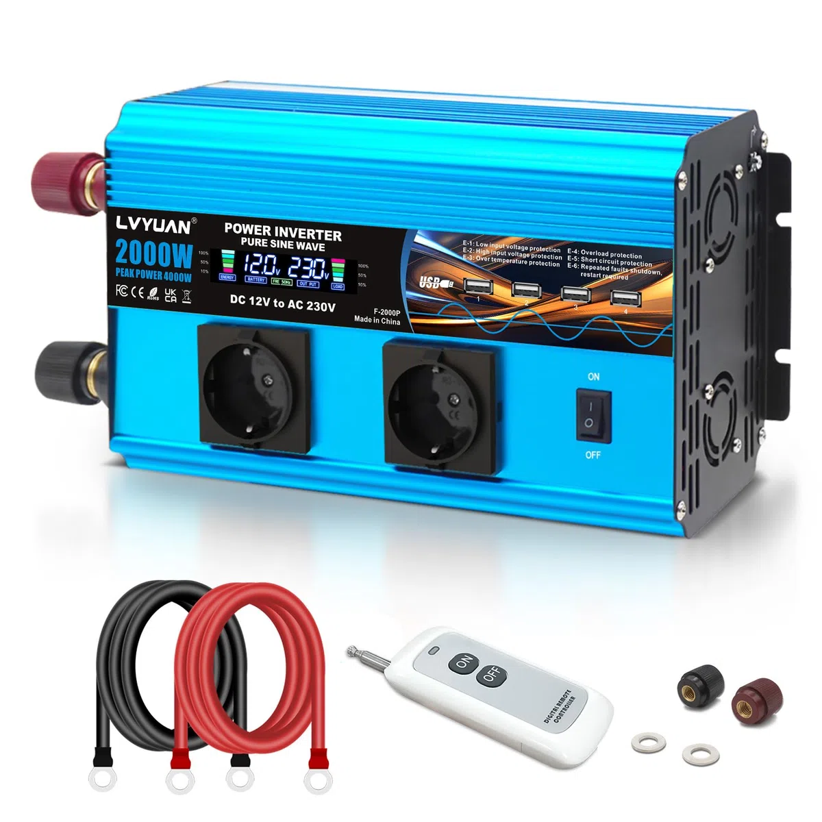 LVYUAN Convertisseur 12V 220V Pur Sinus 2000W/4000W Onduleur Transformateur de Tension avec écran LCD, 4 Ports USB, 2 Prises AC et télécommande Power Inverter