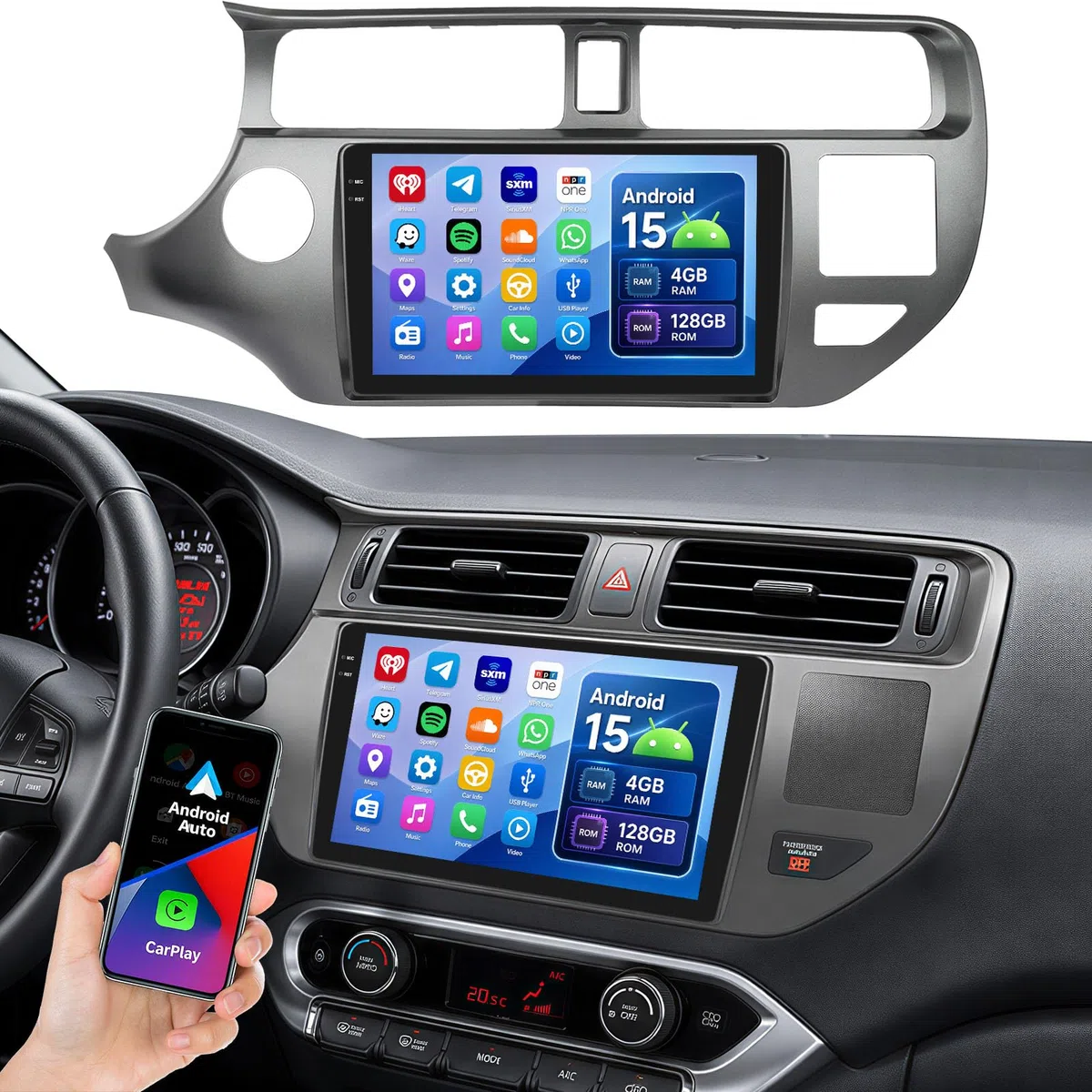 OiLiehu 4G+128G Android 15 Autoradio pour Kia Rio 2012-2015 avec CarPlay Android Auto sans Fil, 9“ INCELL Écran Tactile Radio avec GPS WiFi Lien Miroir Bluetooth FM/RDS EQ SWC Caméra Arrière