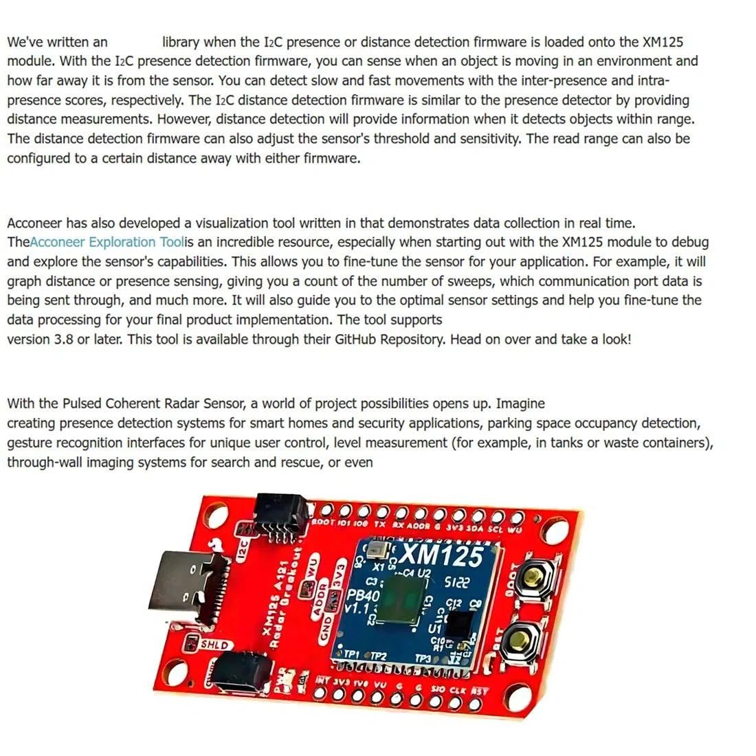 Capteur radar pulsé XM125 pour prototypage, test et évaluation