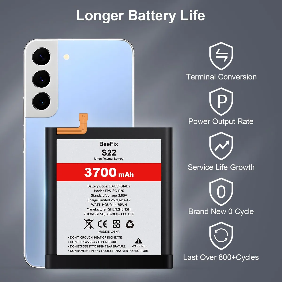 Batterie de rechange haute capacité pour Samsung Galaxy S22 SM-S901F, 3700 mAh, pour Galaxy S22 5G (EB-BS901ABY) avec outils de réparation professionnels
