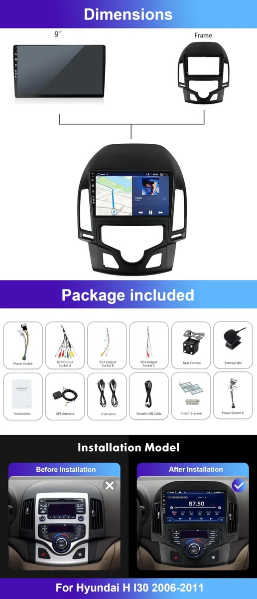[6GB+128GB] Autoradio 8 Core Android 15 pour Hyundai I30 2006-2011 CarPlay sans Fil/Android Auto/DSP -Caméra+MIC- 10 Pouces IPS 2 Din - RDS BT Dab SWC