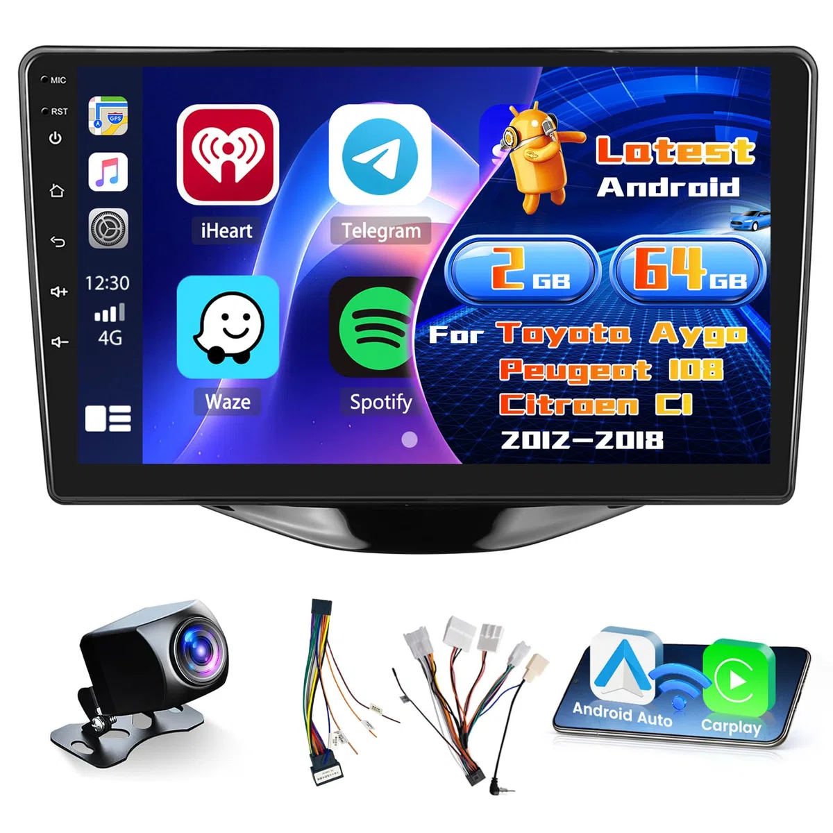 Inefala 2G+64G 9'' Android 15 Radio pour Toyota Aygo Peugeot 108 Citroen C1