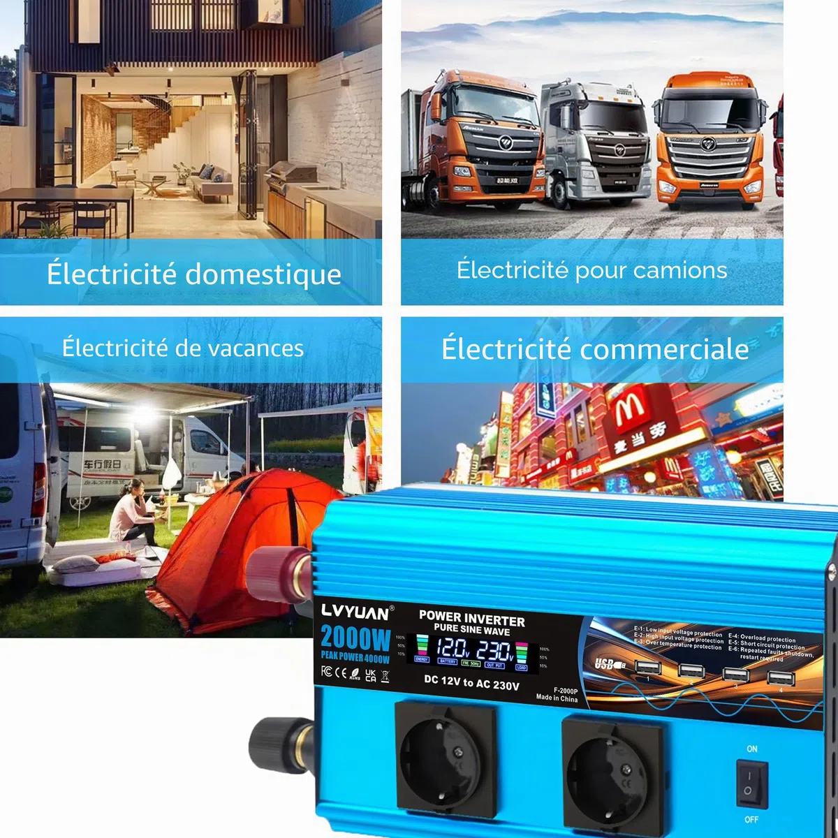 LVYUAN Convertisseur 12V 220V Pur Sinus 2000W/4000W Onduleur Transformateur de Tension avec écran LCD, 4 Ports USB, 2 Prises AC et télécommande Power Inverter