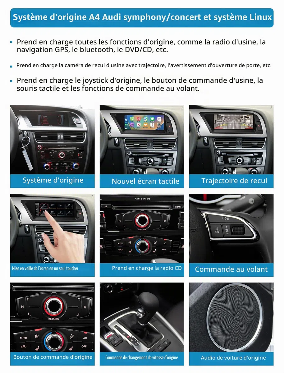 Autoradio écran Tactile 8,9" avec Carplay sans Fil et Android Auto pour 2009-2016 Audi A4 S4 avec système MMI 2G, Prend en Charge Mirrorlink, caméra, Navigation