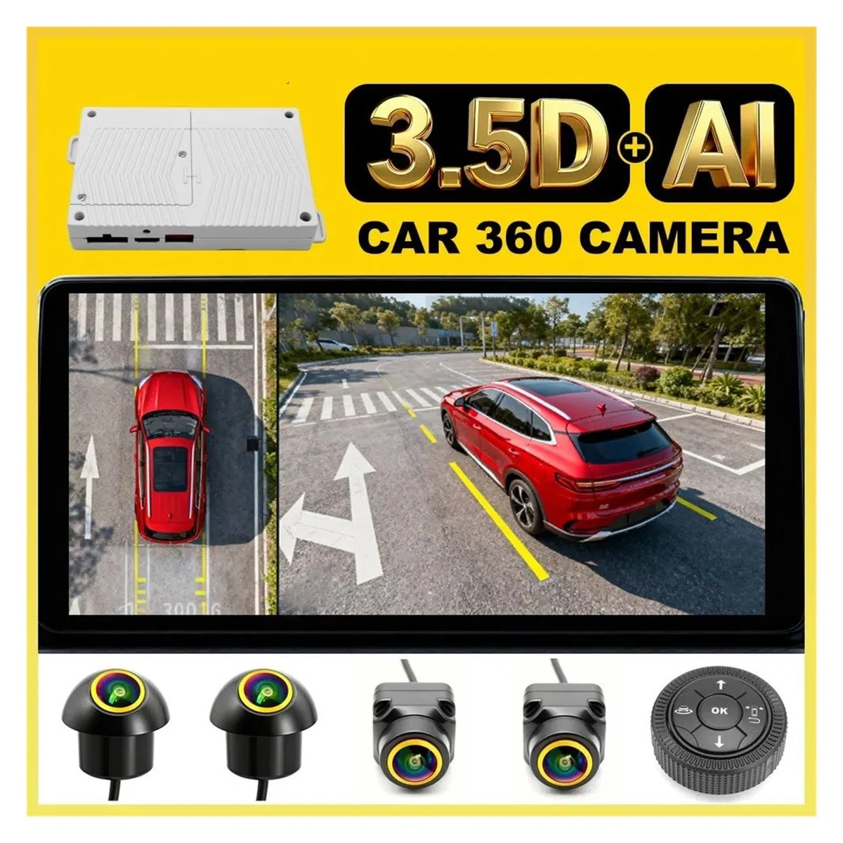 Kit Caméra Recul Système Caméra Voiture 360 ​​degrés 3.5D 4 AI Bird View, Vidéo HD 1080P, Vue Surround AHD, Stationnement Autour